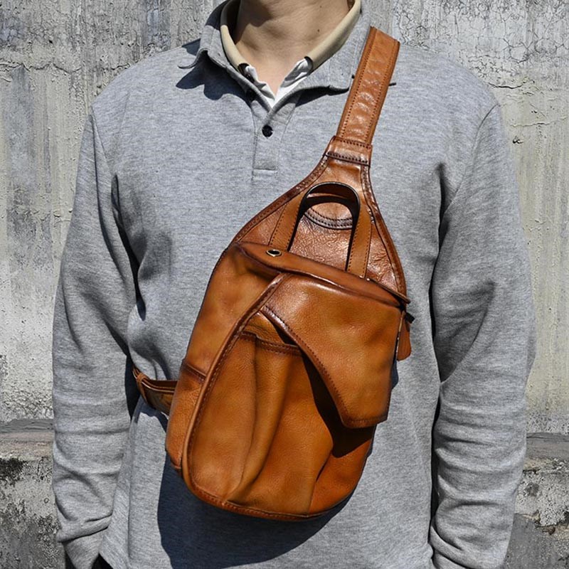 植鞣牛皮斜挎包手工擦色背包胸包头层牛皮单肩包真皮男包休闲潮流