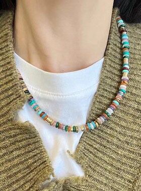 天然石飞盘项链欧美小众轻奢时尚彩色串珠真空铜镀金简约高级项饰