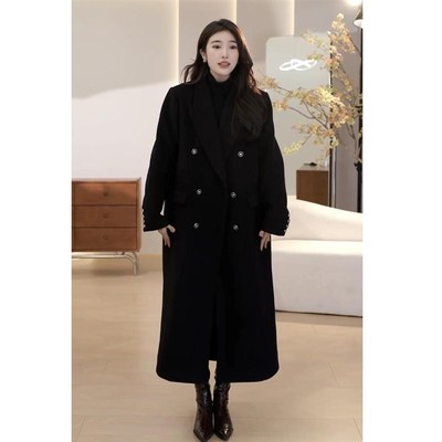 大码女装胖mm加厚长款呢子大衣高个子G黑色过膝显瘦毛呢外套200斤