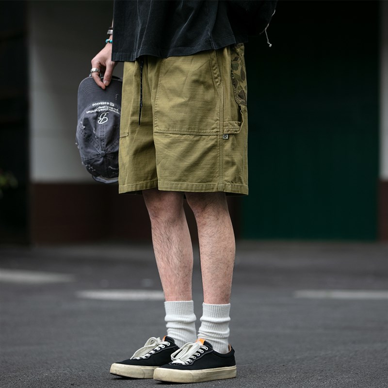 美式复古赛络纺缎面竹节面料工装短裤男夏季轻薄透气蜡染水洗中裤