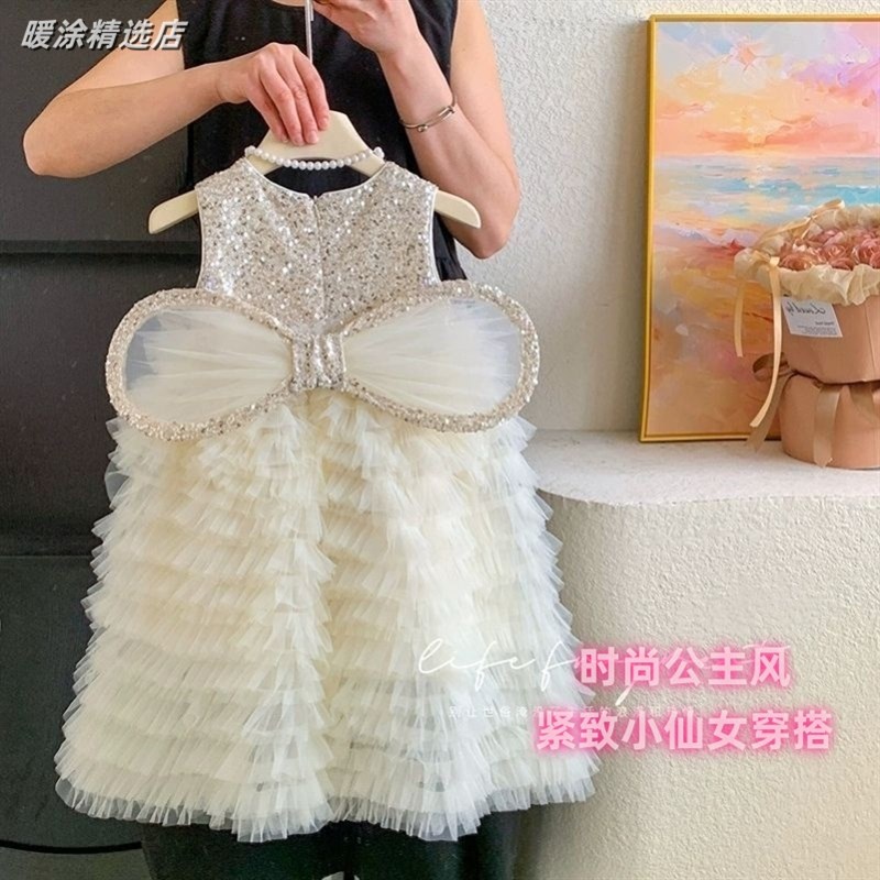 女童连衣裙夏季2025新款洋气宝宝蓬蓬蛋糕裙子亮片礼服儿童公主裙