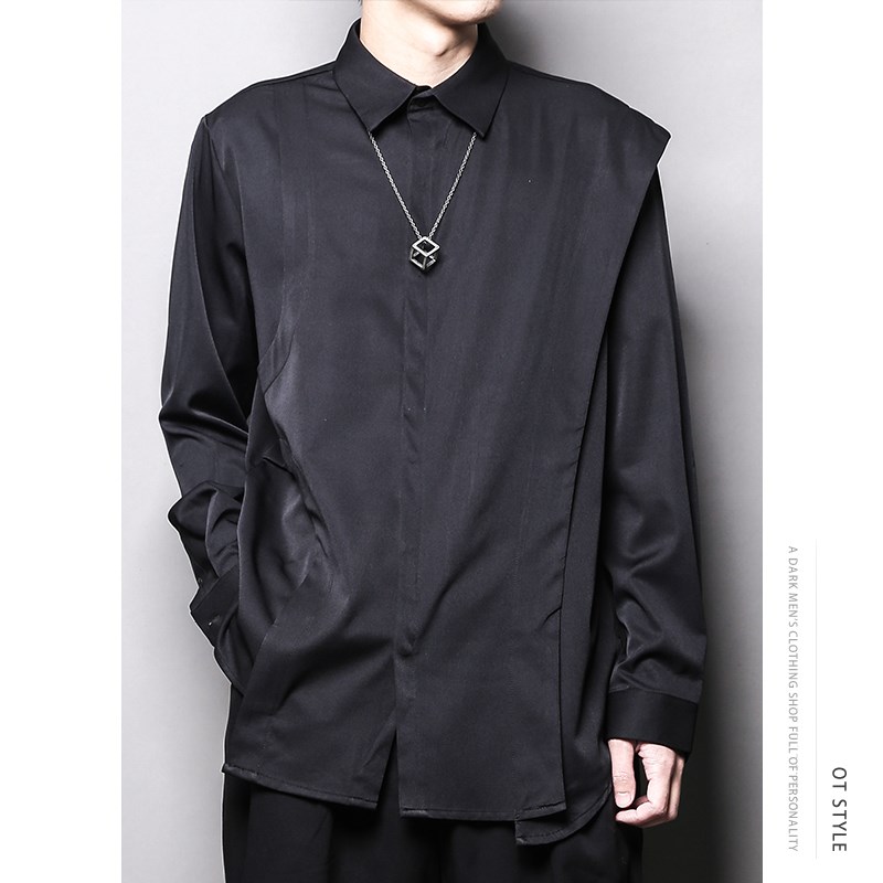 暗黑日系休闲拼接不对称剪裁设计感不规则下摆纯色长袖衬衫男衬衣