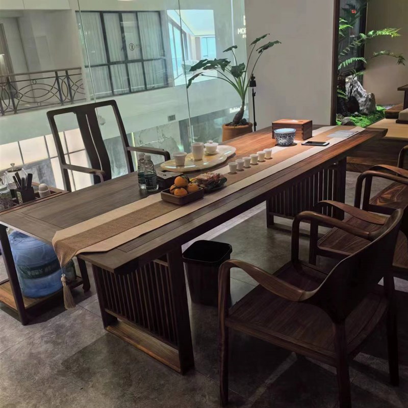 新中式实木茶桌椅组合家用禅意茶室一体式干湿泡茶台北美黑胡桃木