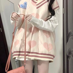 白衬衫 奶甜可爱少女爱心撞色针织毛衣马甲背心女 百褶裙 套装 三件