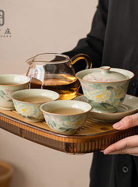 瓷古庄 汝窑茶具小套装2023新款女士精致一人功夫盖碗茶杯茶盘