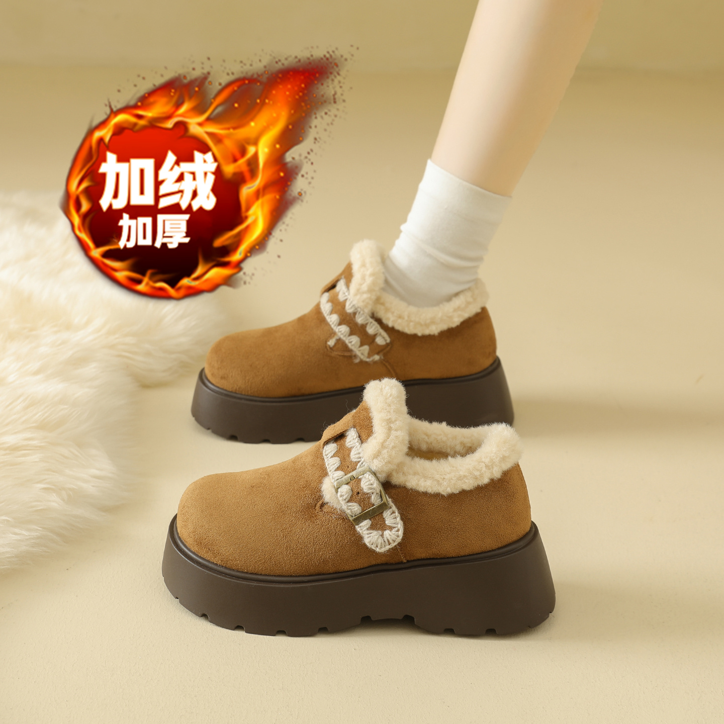 秋冬季3334小码厚底毛毛勃肯鞋女2025新款鞋加绒女鞋保暖短1202n
