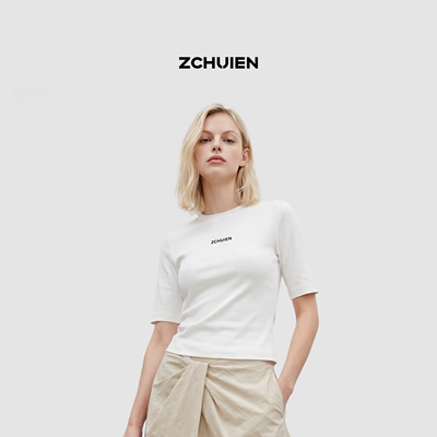 ZCHUIEN简约白色短袖T恤偏五分袖
