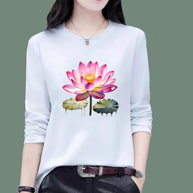 荷花时尚休闲圆领韩版通勤女春秋冬季ins洋气印花上衣长袖T恤