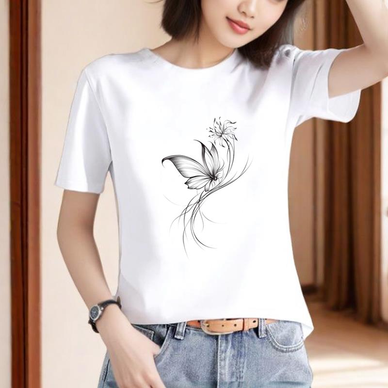 夏秋可爱花卉时尚洋气休闲通勤印花新款上衣外穿ins女圆领短袖T恤