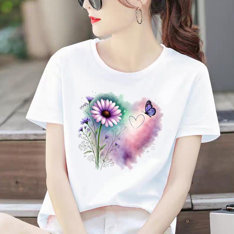 心形花卉印花新款上衣外穿花朵时尚洋气ins休闲通勤女圆领短袖T恤