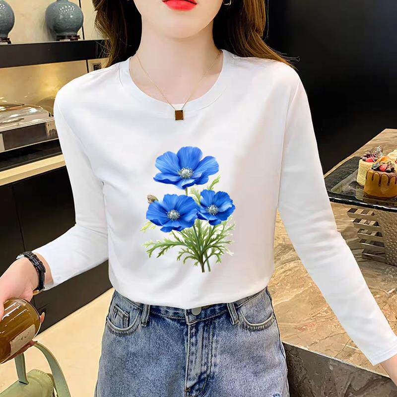 外穿花卉上衣圆领韩版洋气印花女春秋冬季通勤时尚休闲ins长袖T恤