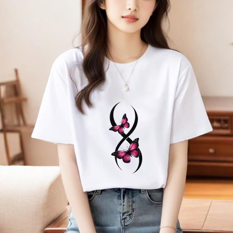 印花上衣打底衫外穿时尚洋气ins休闲文艺蝴蝶通勤女圆领短袖T恤