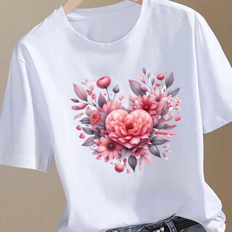 心形花卉休闲通勤外穿时尚印花新款打底衫洋气ins女圆领短袖T恤