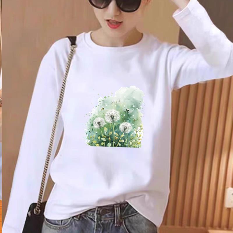 植物花朵洋气印花网红上衣圆领女春秋冬季通勤时尚休闲ins长袖T恤