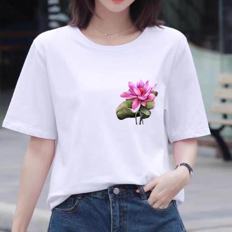 荷花可爱印花上衣时尚洋气ins网红女夏装圆领韩版休闲通勤短袖T恤
