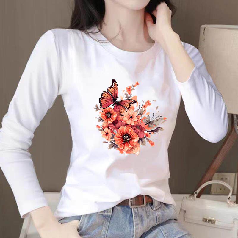 蝴蝶花卉通勤圆领印花休闲女春秋外穿时尚韩版洋气ins上衣长袖T恤