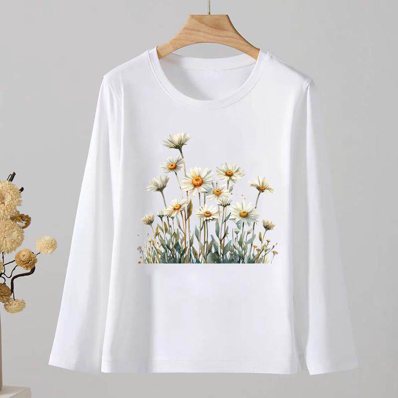 可爱花卉通勤圆领印花休闲女春秋外穿时尚韩版洋气ins上衣长袖T恤