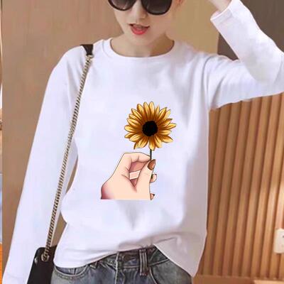 卡通花朵韩版通勤圆领洋气印花女春秋冬季时尚休闲ins上衣长袖T恤