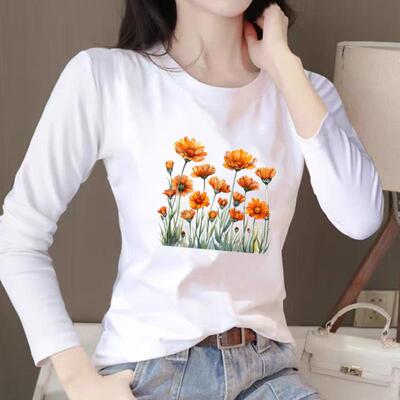 文艺花朵女春秋冬季时尚韩版通勤圆领洋气印花休闲ins上衣长袖T恤