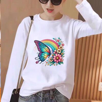蝴蝶卡通女春秋冬季时尚韩版通勤圆领洋气印花休闲ins上衣长袖T恤