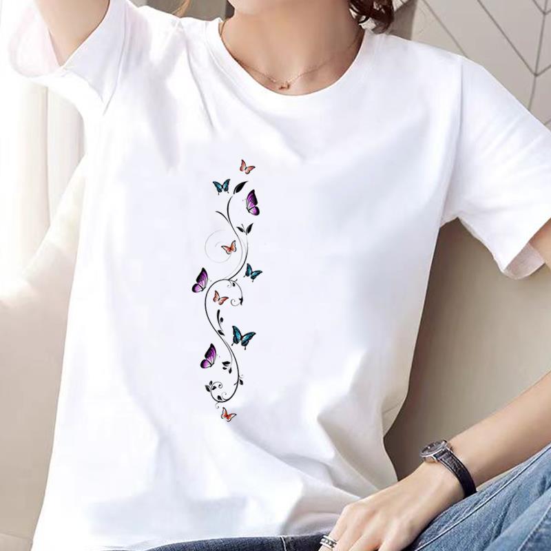 休闲通勤外穿时尚印花新款打底衫洋气ins女可爱花卉圆领短袖T恤