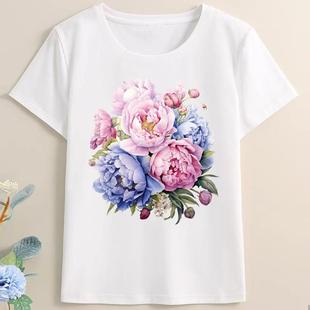 花朵流行时尚 T恤 洋气ins印花上衣网红休闲通勤女打底衫 圆领短袖