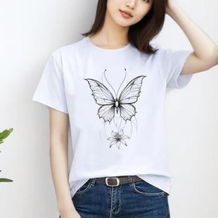 印花新款 T恤 上衣外穿蝴蝶简约可爱时尚 洋气ins休闲通勤女圆领短袖