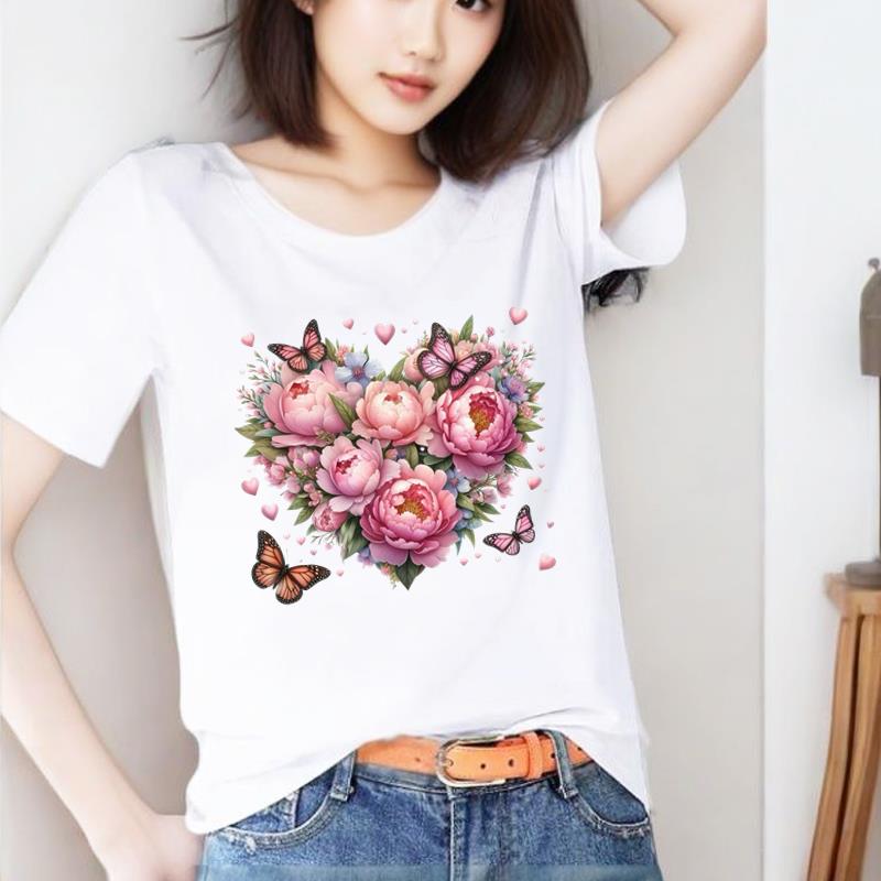 爱心花卉圆领印花打底衫短袖外穿休闲通勤新款时尚洋气ins女T恤
