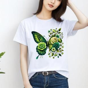 T恤 休闲通勤印花新款 上衣外穿时尚 美式 蝴蝶花朵洋气ins女圆领短袖