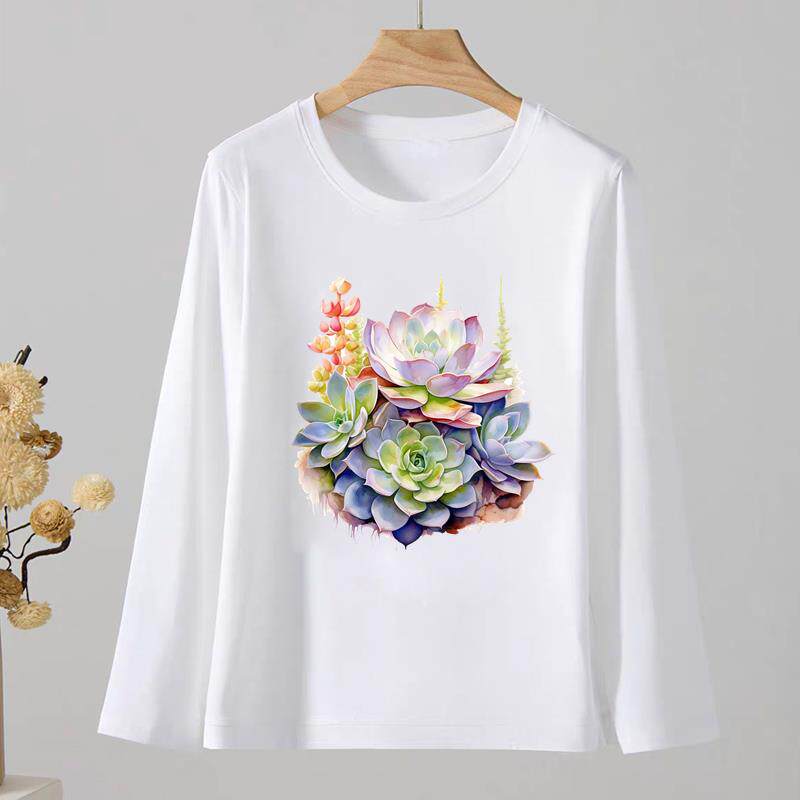 法式花卉通勤圆领印花休闲女春秋外穿时尚韩版洋气ins上衣长袖T恤