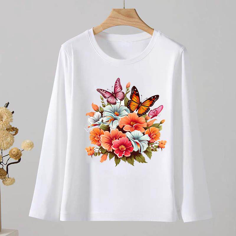 蝴蝶花朵通勤圆领印花休闲女春秋外穿时尚韩版洋气ins上衣长袖T恤
