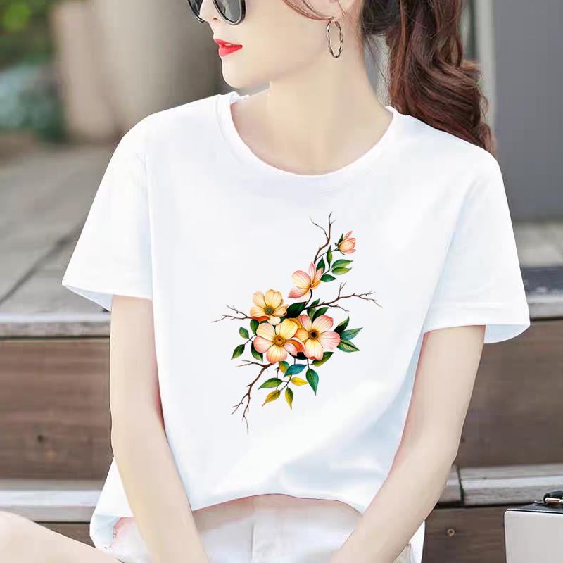 可爱花卉印花外穿休闲通勤新款打底衫时尚洋气ins女圆领短袖T恤