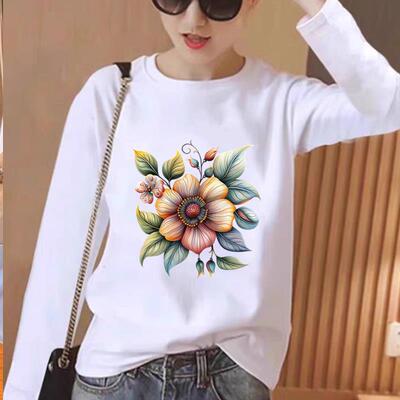 可爱花卉女春秋冬季时尚韩版通勤圆领洋气印花休闲ins上衣长袖T恤