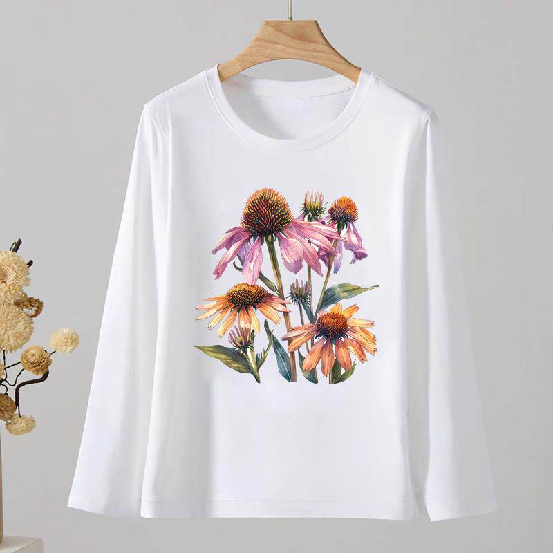 通勤圆领印花休闲文艺花朵女春秋外穿时尚韩版洋气ins上衣长袖T恤