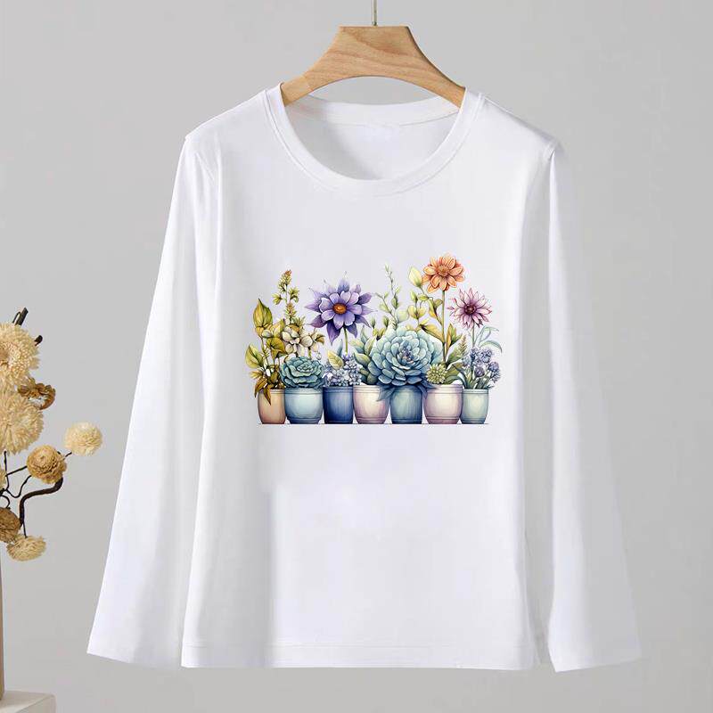 植物花卉通勤圆领印花休闲女春秋外穿时尚韩版洋气ins上衣长袖T恤