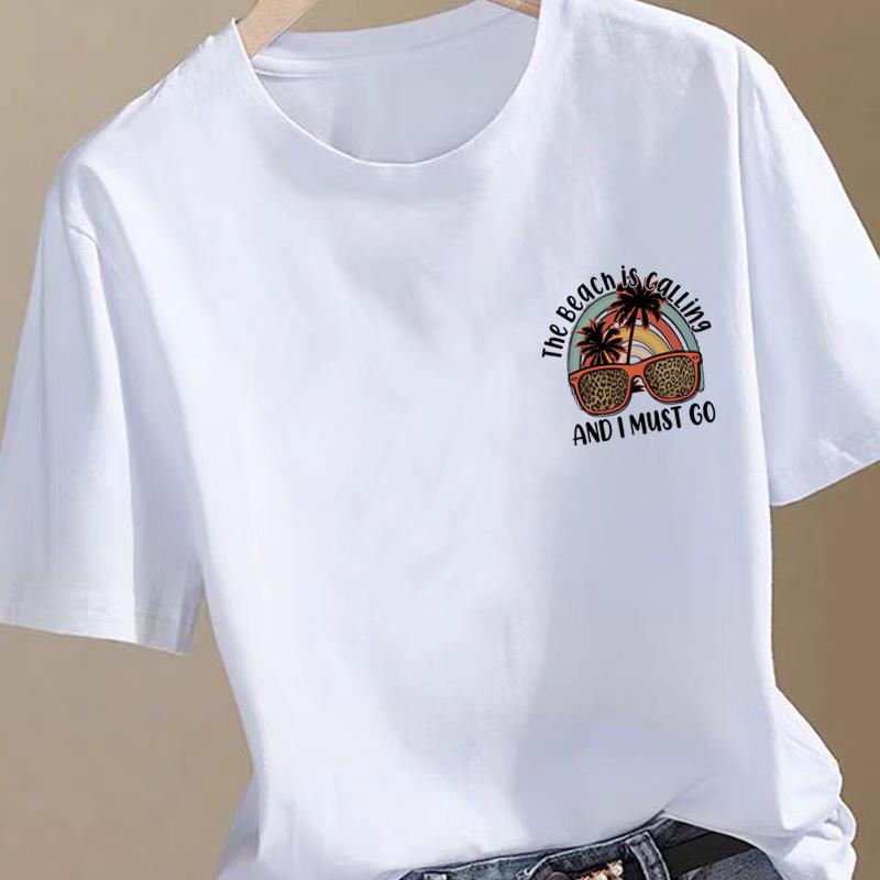 豹纹沙滩度假时尚洋气ins印花上衣网红女夏装圆领休闲通勤短袖T恤