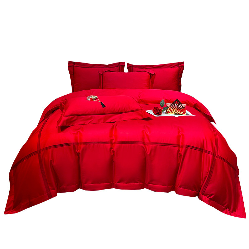 100支新疆长绒棉高端简约婚庆四件套结婚纯棉红被套结婚床上用品4