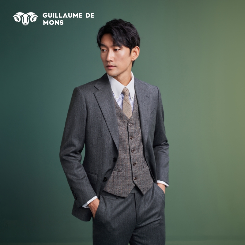 【23年秋冬新款】澳嘉高支羊毛西服套装男士商务正装灰色结婚西装