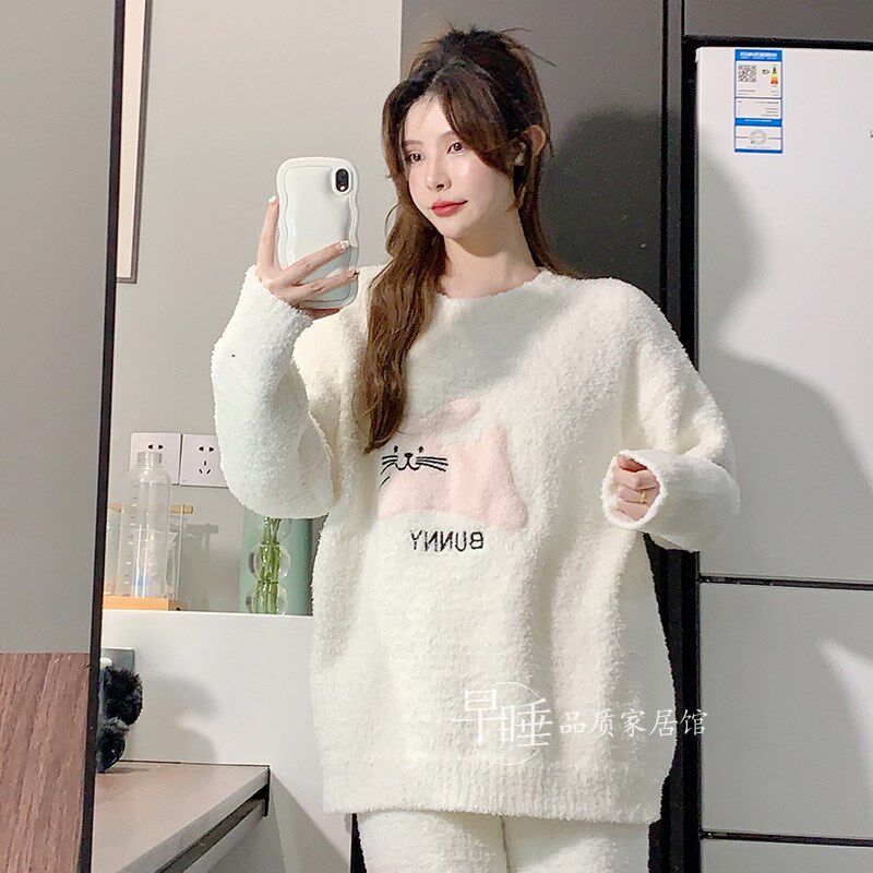 半边绒睡衣女秋冬甜美可爱小兔子软绵绵针织加绒毛线套头家居服