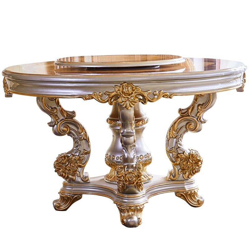 欧式圆桌 美式别墅复古大理石实木雕花香槟金带转盘家用吃饭桌子