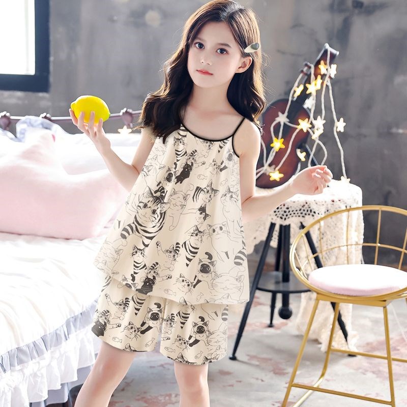 女童睡衣复古手绘风卡通凉感纯棉睡衣夏天吊带套装少女感家居服