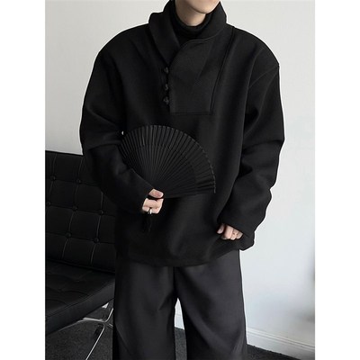 暗黑新中式盘扣翻领套头卫衣2025春秋男女休闲复古宽松上衣外套潮
