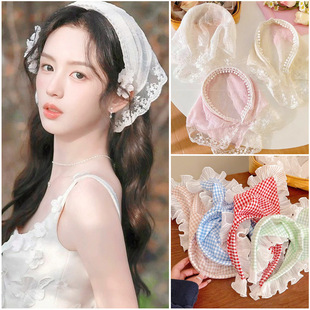 红蓝格子头巾发箍蕾丝三角巾高级感海边拍照头箍女包头田园风发带