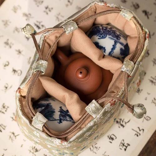 高档中式茶具收纳包一壶两杯便携收纳袋子手工云锦茶事包旅行茶具