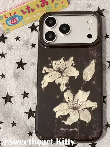U2 ins古早黑色泼墨百合花适用iphone17promax苹果16手机壳15少女个性简约防摔保护套