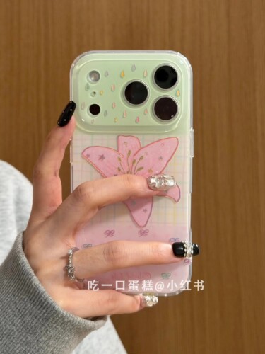 U2 粉底拼绿格纹粉百合花蝴蝶结苹果17promax新款小众手机壳iphone16清新简约15防摔保护套