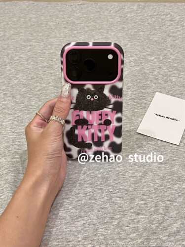 U2 韩系粉英文小黑猫适用苹果18promax双层iphone17磨砂16防摔手机壳