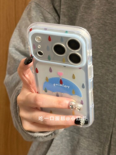 U2 炫彩雨滴蓝格纹雨伞猫咪17promax新款手机壳iphone16个性15防摔保护套