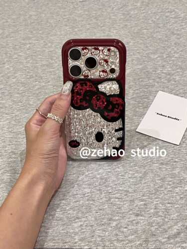 U2 酒红闪钻蝴蝶结猫咪适用苹果18pro双层iphone17韩系16气囊手机壳