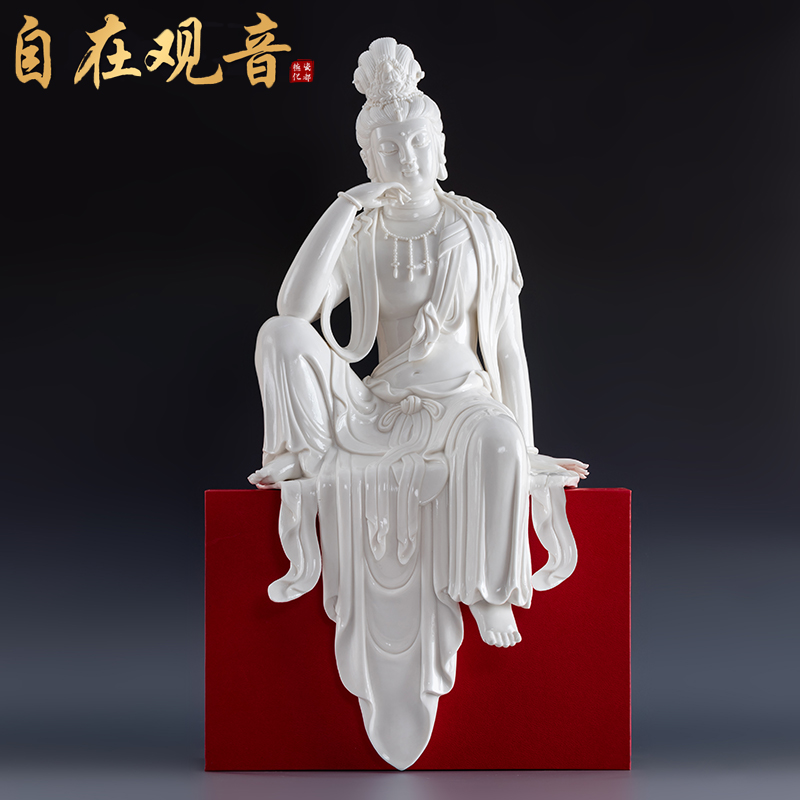 水月自在观音佛像雕塑手工陶瓷工艺摆件观世音菩萨玄关桌面装饰品